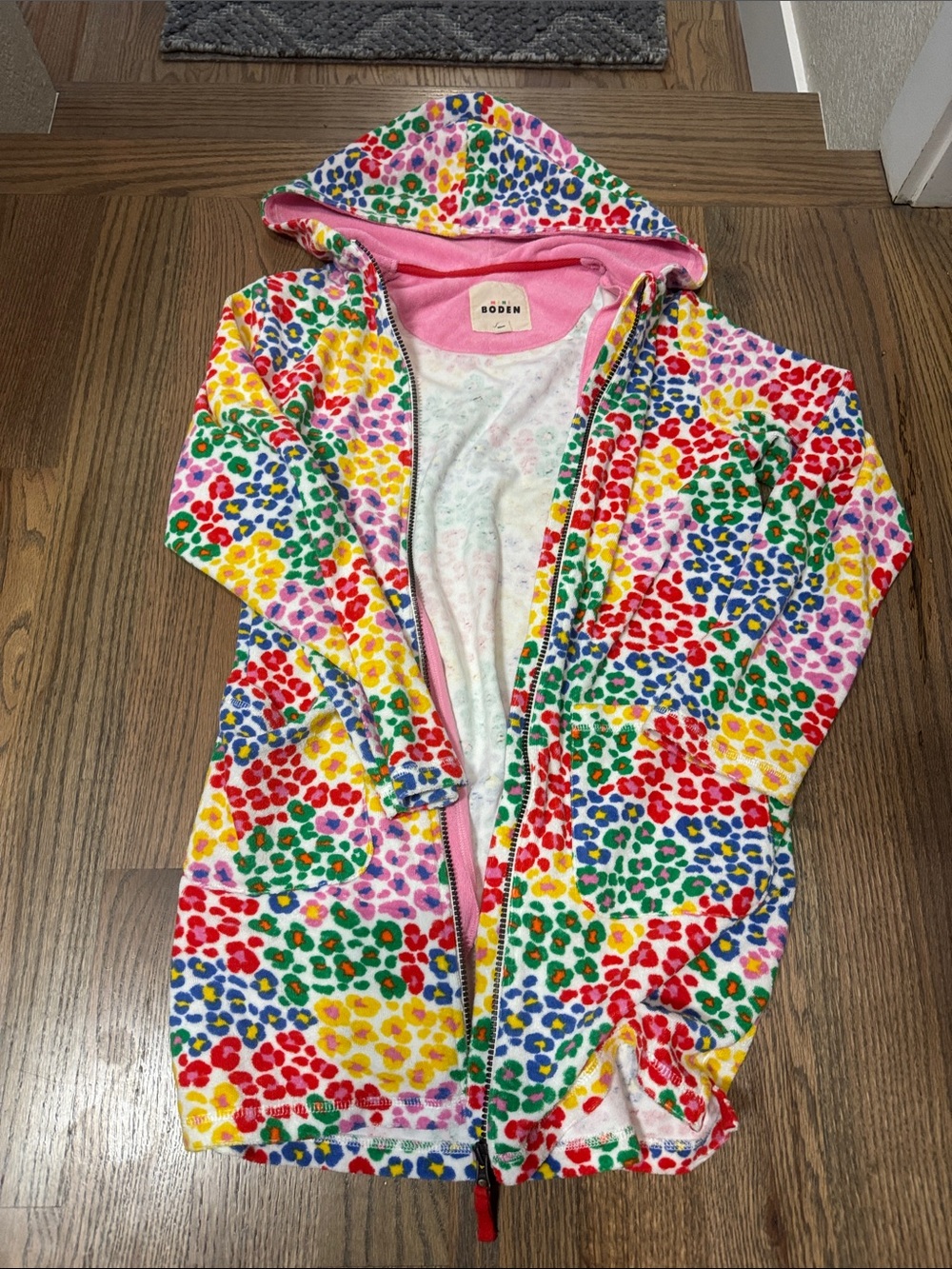 Mini Boden Multicolor Leopard-Print Hooded Raincoat with Pink Lining